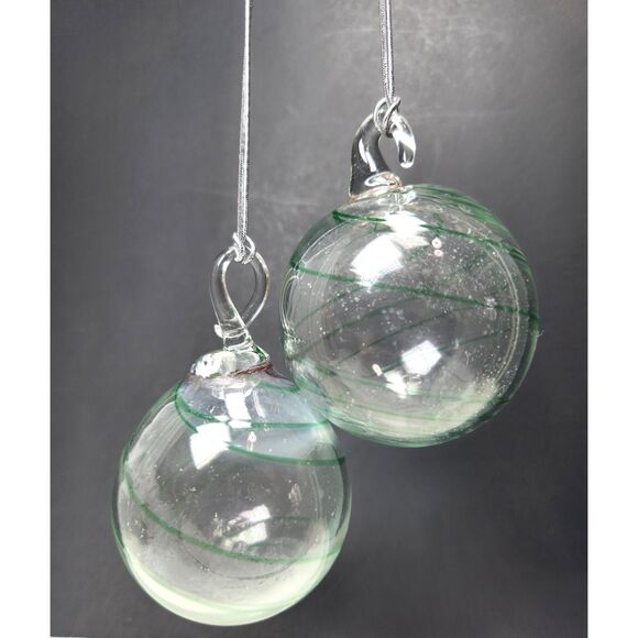 Handblown Clear Art Glass Ornaments Green Swirl Set of 2 Applied Loop Tops 2.5" - Picture 2 of 7